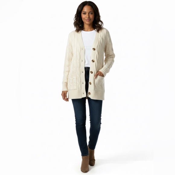 PrettyGarden Cable Knit Button Down Chunky Cardigan Sweater Small White Long - Picture 12 of 12